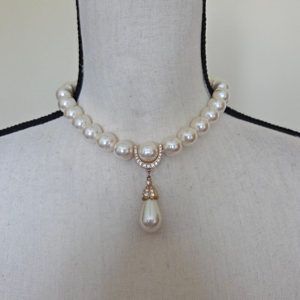 Vintage Marvella Faux Pearl Rhinestone Choker Necklace Ivory Gold Bridal - Picture 7 of 13